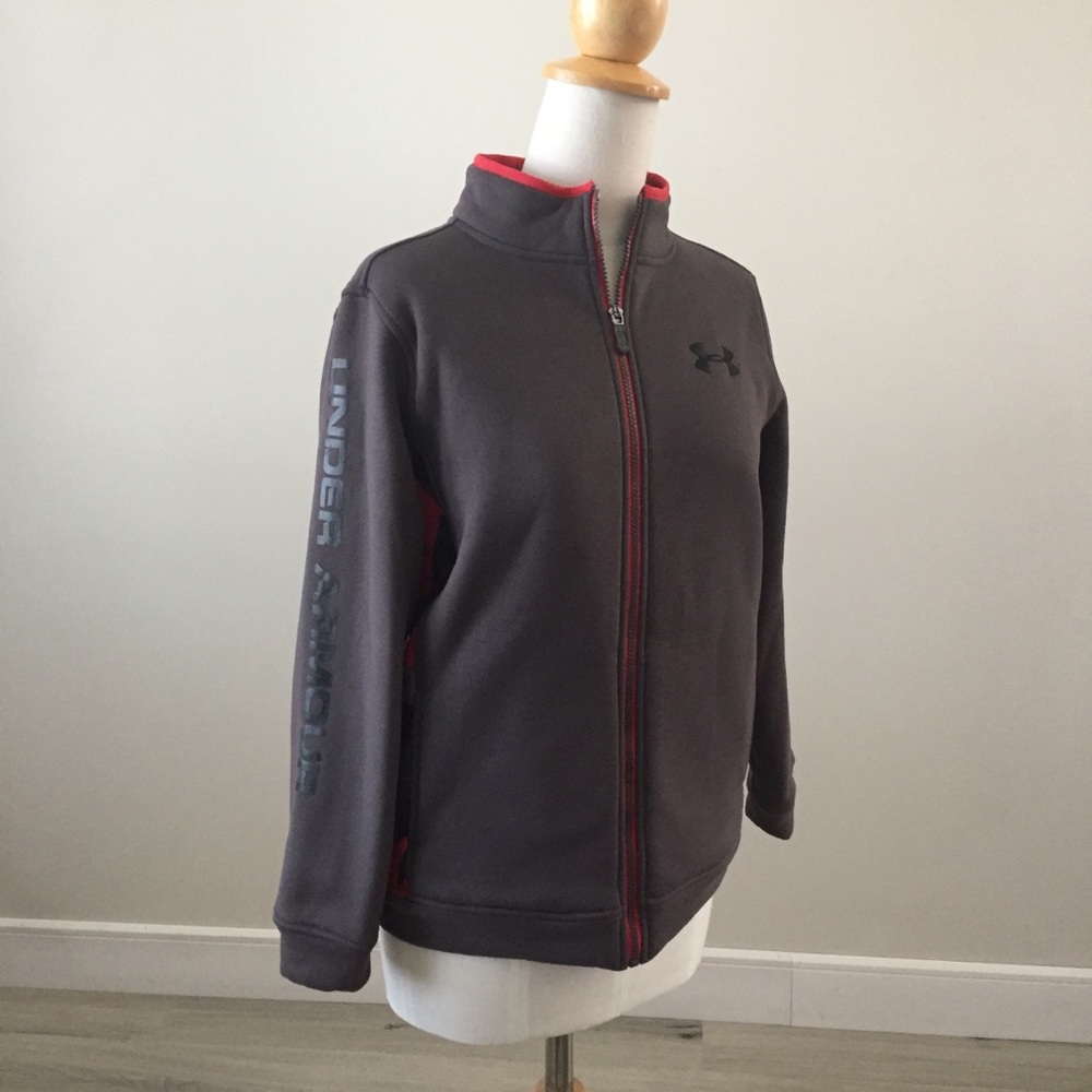 Under Armour Zip Sweater Jacket, Gray, Red, Sz L